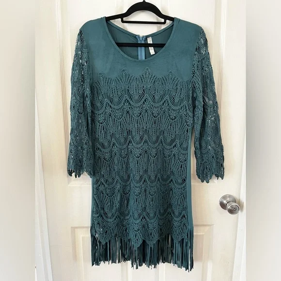 EUC Monoreno Teal Lace Fringe Midi Dress Overlay Sheath 3/4 Sleeve Medium Boho - Picture 7 of 15